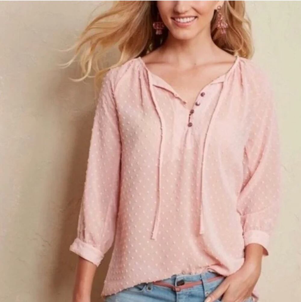 Matilda Jane Size Medium Blush Swiss Dot Sheer Mae Blouse 3/4 Sleeve